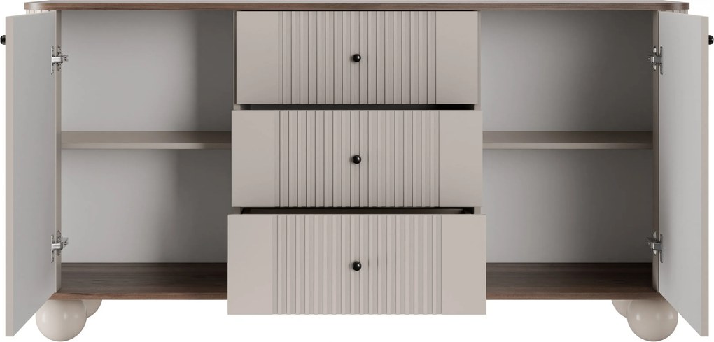 Komoda so zásuvkami Vesper 160 cm - kašmír / orech / čierne úchytky / guľové nohy