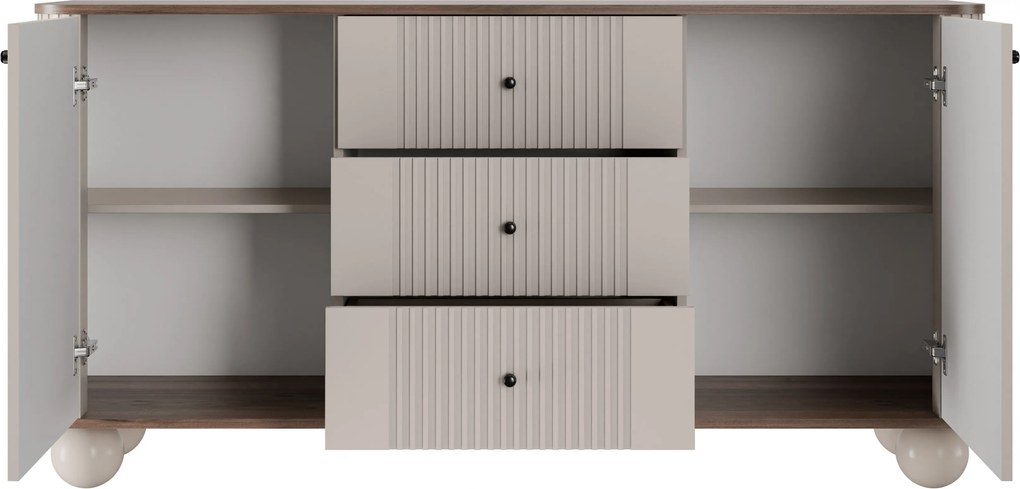 Komoda Vesper 160 cm so zásuvkami na guľatých nohách - kašmír / orech / čierne úchytky