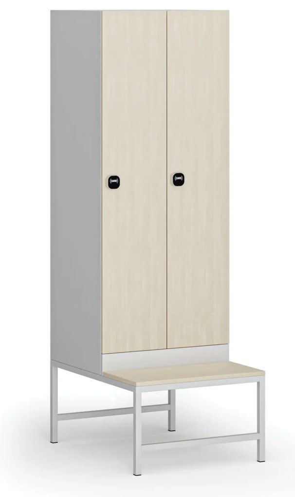 Šatníková skrinka s lavičkou, 2 oddiely, 1875 x 600 x 500/800 mm, demont, zámok s čítačkou RFID kariet, laminované dvere, breza