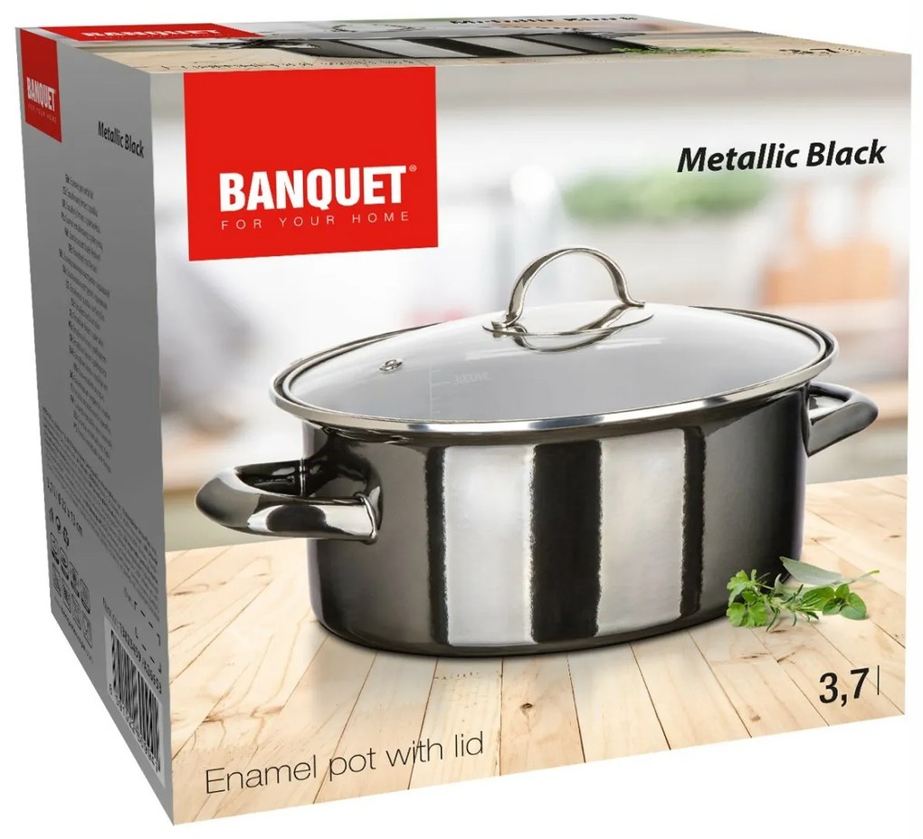 Banquet Hrniec smaltovaný METALLIC Black 22 cm, 3,75 l, s pokrievkou, 22 cm