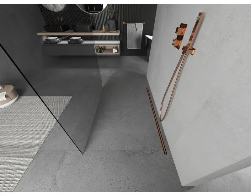 Mexen Kioto, priechodná sprchová zástena 120 x 200 cm, 8mm číre sklo, 2x zlatá stabilizačná rozpera, profil ružové zlato, 800-120-002-60-00