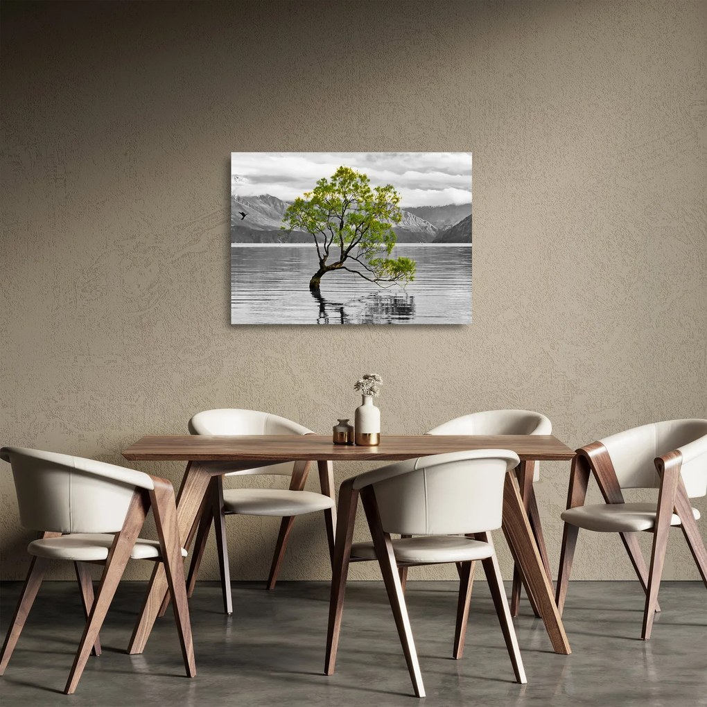 Sklenený obraz stromu uprostred jazera (70x50 cm)