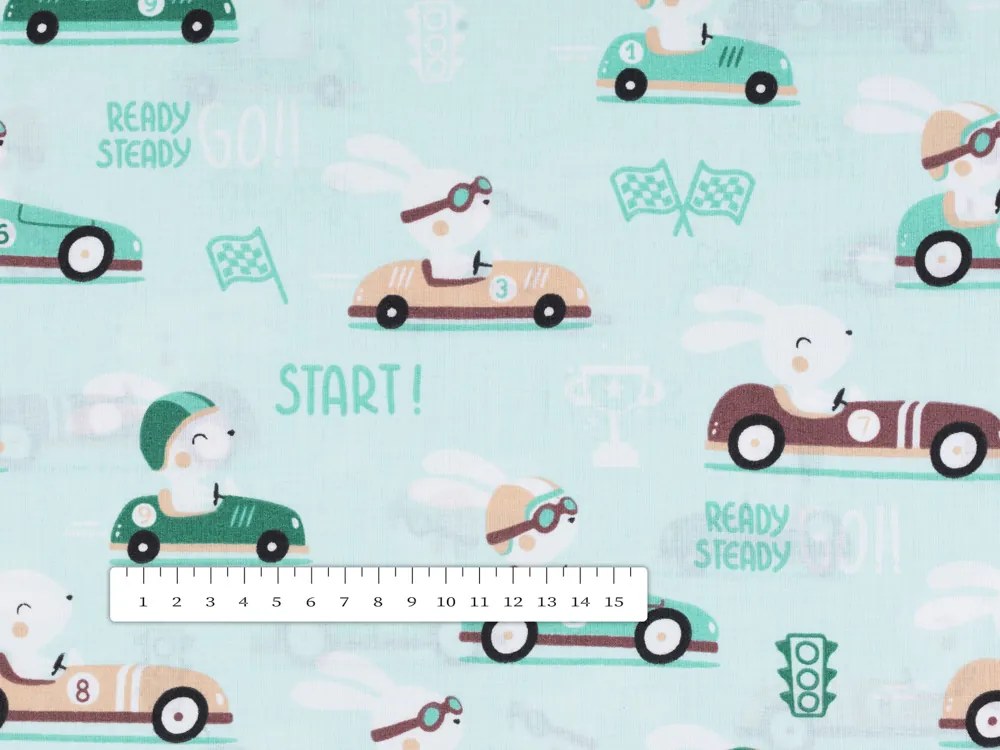 Biante Detský bavlnený obdĺžnikový obrus Sandra SA-375 Zajačie automobilové preteky na mintovom 100x140 cm