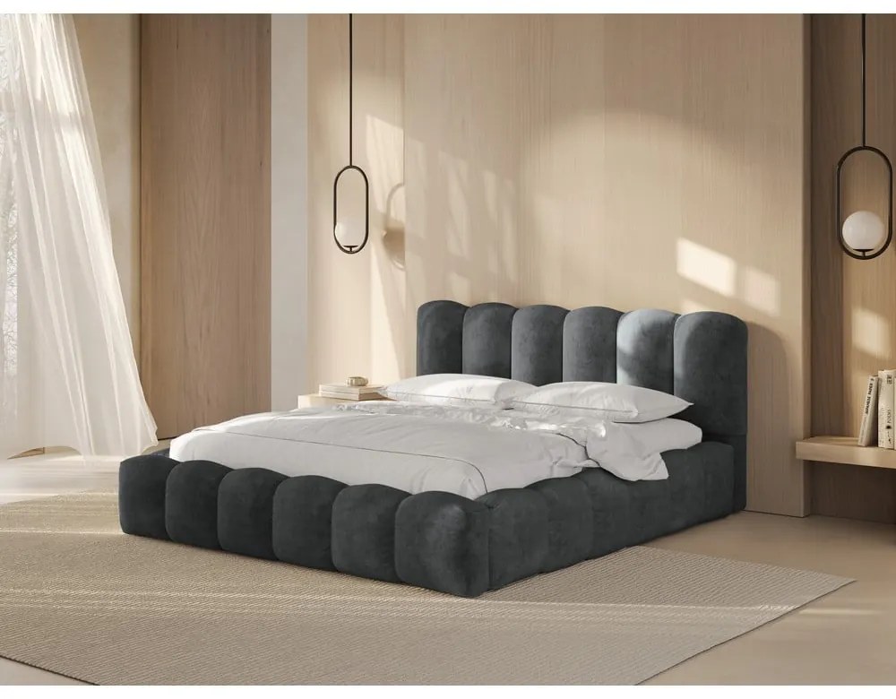 Sivá čalúnená dvojlôžková posteľ s úložným priestorom a roštom 160x200 cm Lupine – Micadoni Home
