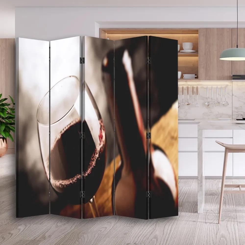 Ozdobný paraván Láhev vína - 180x170 cm, päťdielny, obojstranný paraván 360°