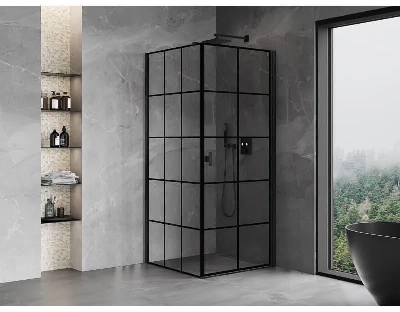 Mexen Mist-B, 1-krídlový výklopný sprchový kút, pravý, 100 x 100 cm, číre sklo-čierna mriežka, 8A2T-100-100-70-77-P