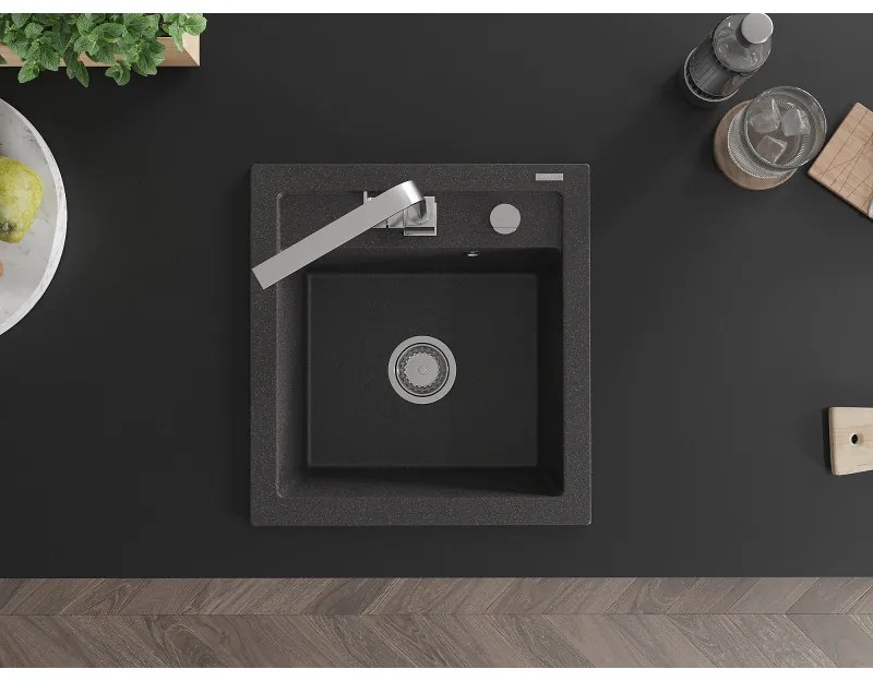 Mexen Vito, 1-komorový granitový drez 520x490x210 mm, chrómová batéria Rita, čierna škvrnitá, 6503-76-670300-00