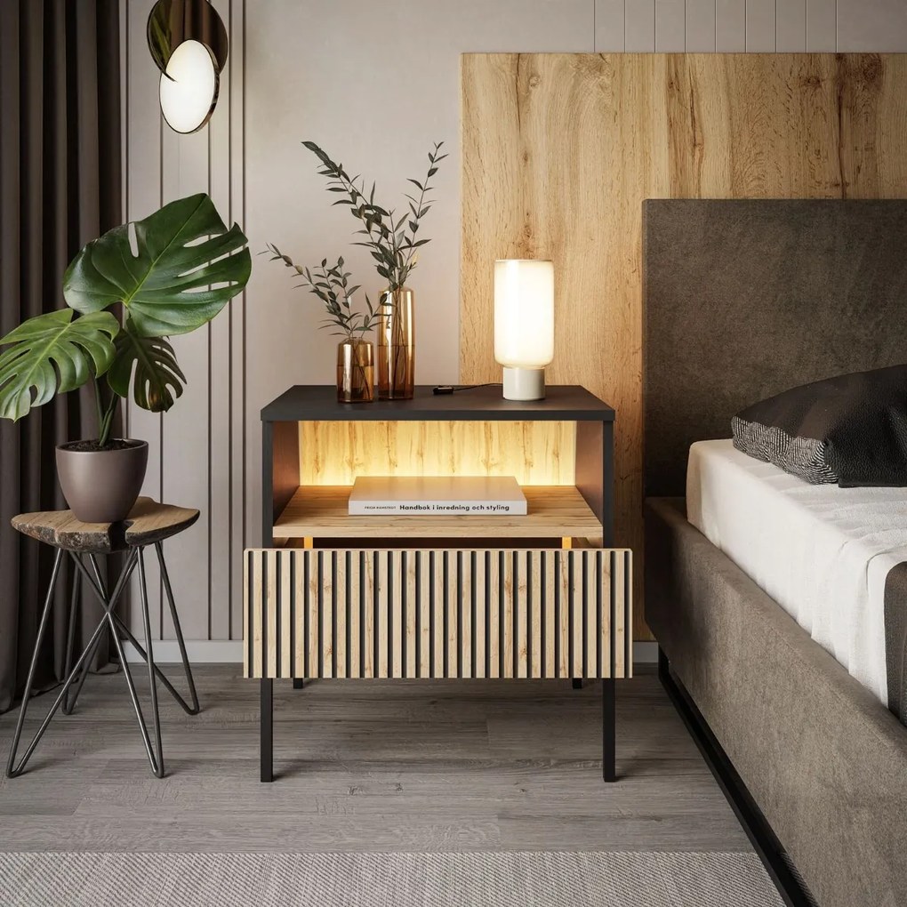 NOČNÝ STOLÍK ALESSIO DUB WOTAN / ČIERNY LED