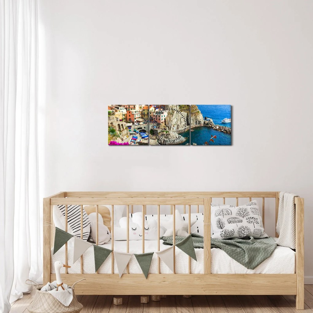 Obraz - Talianska dedinka Manarola (s hodinami) (90x30 cm)