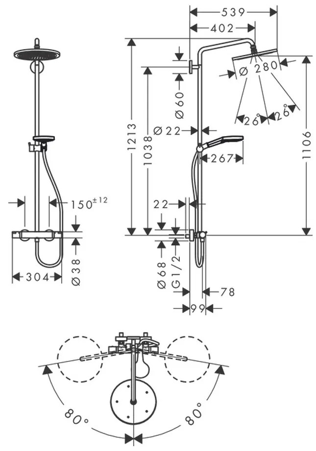 Hansgrohe Croma Select S, Showerpipe 280 1jet s termostatom a ručnou sprchou Raindance Select S 120 3jet, matná čierna, HAN-26890670