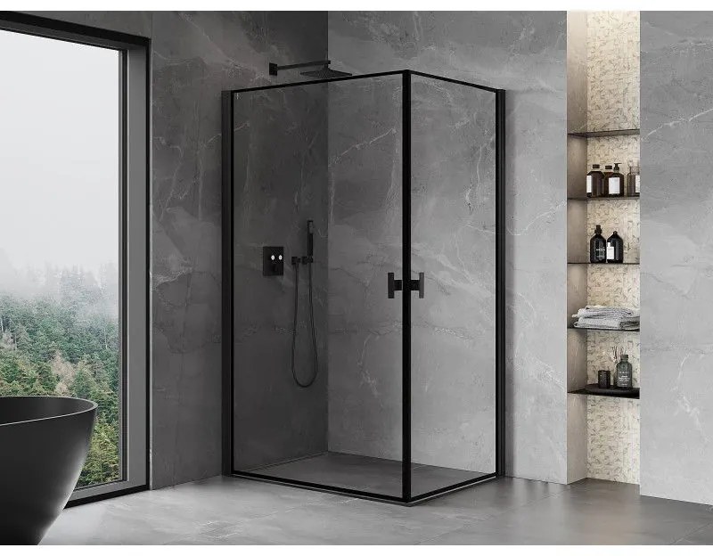Mexen Mist-B Duo, 2-krídlový výklopný sprchový kút 80 x 100 cm, číre sklo-čierny rám, 8A2-080L-100P-70-70