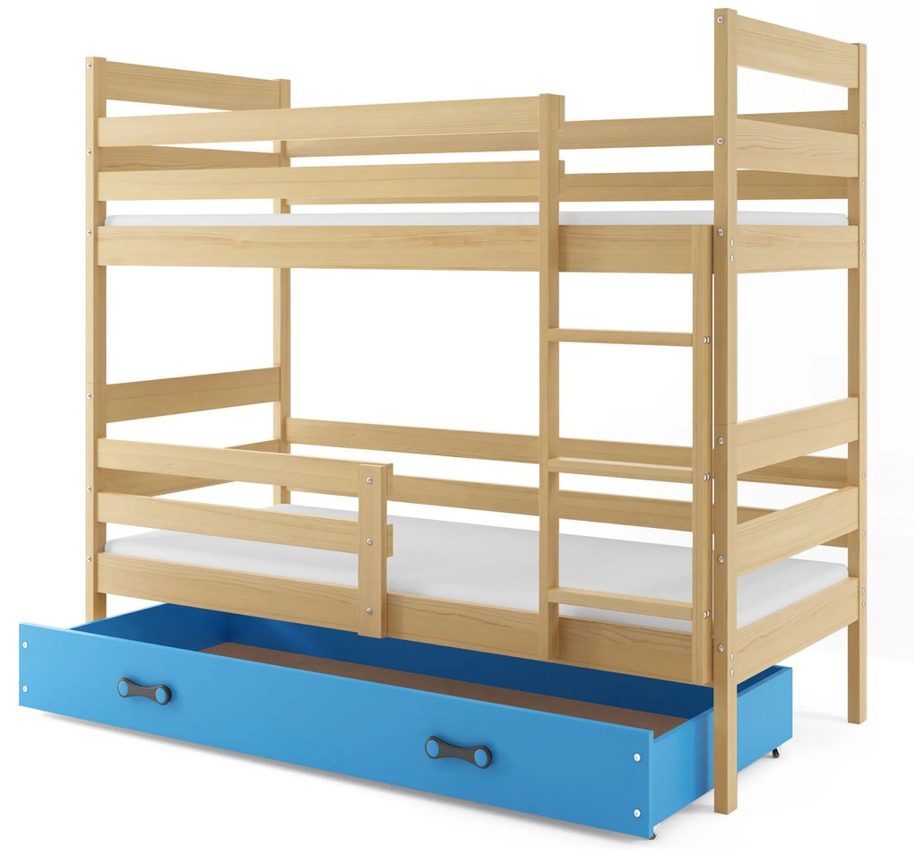 Poschodová posteľ 80 x 190 cm Eril B (borovica + modrá) (s roštami, matracmi a úl. priestorom). Vlastná spoľahlivá doprava až k Vám domov. 1056567