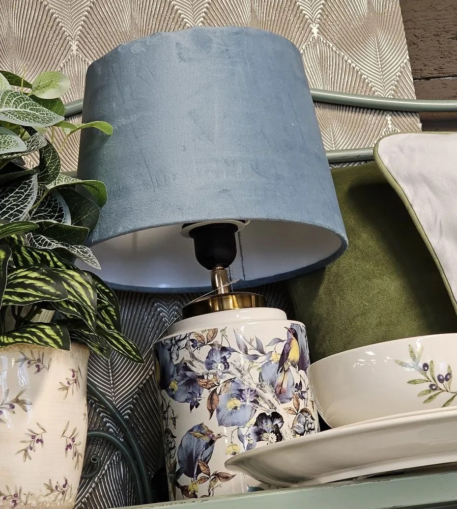 Bielo modrá stolná lampa s vtáčikmi - Ø 25 * 41 cm / E27