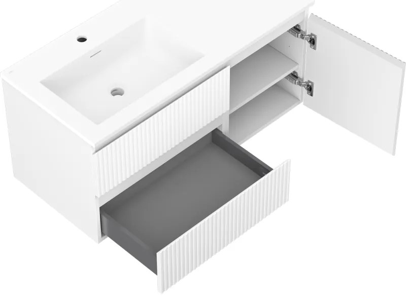 Mexen Rivel, kúpeľňová skrinka 100 cm s ľavým umývadlom Otis, 2S, 1D, drážkovaná, biela matná, 91A23-10047-3-BBFFF01-W18L01