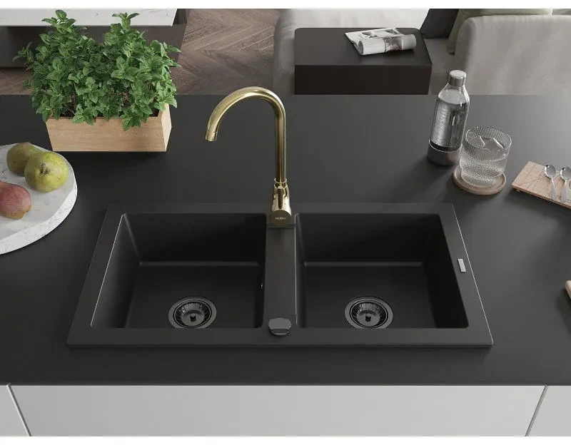 Mexen Mario, 2-komorový granitový drez 820x436x161 mm a zlatá lesklá drezová batéria Telma, čierna, 6504-77-670200-50-B
