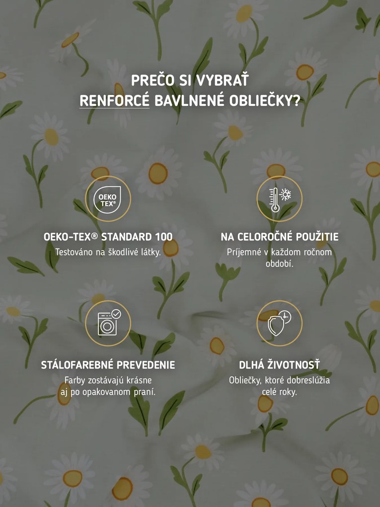 Francúzske bavlnené obliečky Renforcé - Sedmokrásky šedozelené 220 × 200 cm, 2ks 70 x 90 cm
