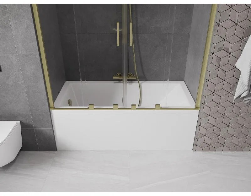 Mexen Velar Duo, 2-krídlová posuvná vaňová zástena 140 x 150 cm, 8mm číre sklo, zlatý matný profil, 896-140-000-02-55