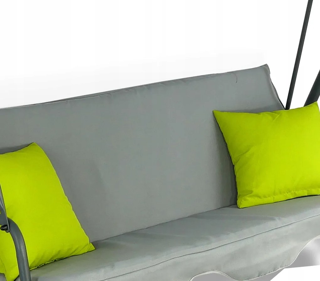Garden Line ZÁHRADNÁ HOJDAČKA TYPU A 170 x 118 x 153 cm ŠEDÁ S LIME ZELENÝMI VANKÚŠIKMI A DRŽIAKMI NA POHÁRE