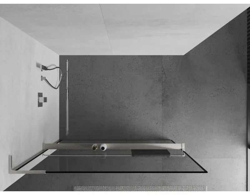 Mexen Kioto+ L, sprchová zástena Walk-In s poličkou a vešiakom 70 x 200 cm, 8mm číre sklo čierny vzor, brúsená oceľ profil, 800-070-123-97-70