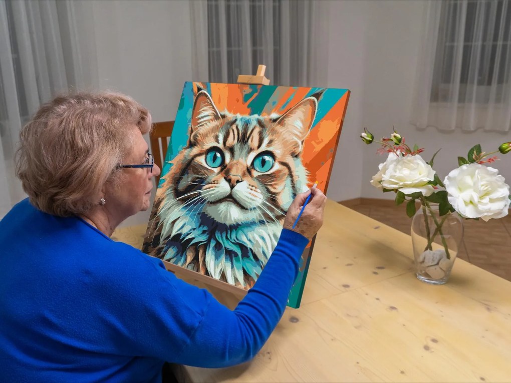 Gario Maľovanie podľa čísel Mačka v odtieňoch tyrkysovej a oranžovej Rozmery: 50 x 50 cm, Rámovanie: Iba zrolované plátno