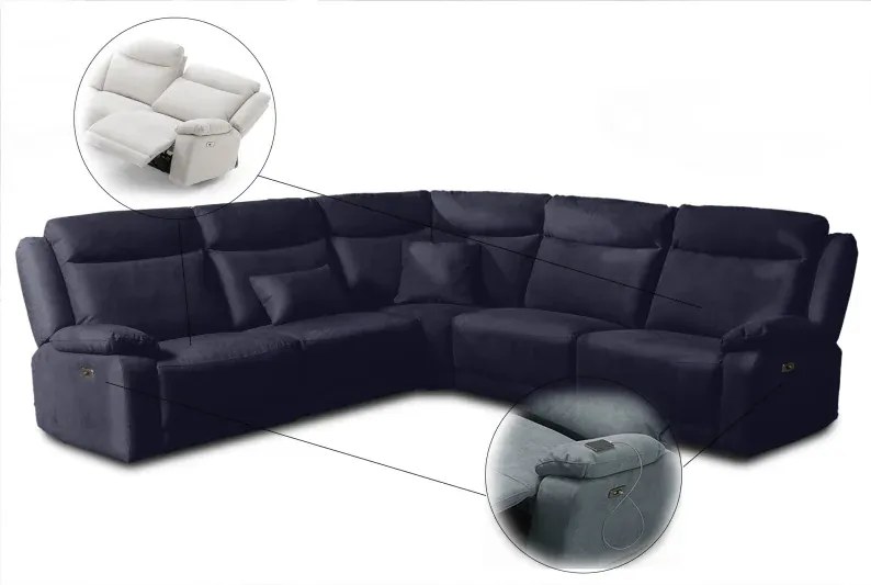 Kožená sedacia súprava CONTINENTAL rohová s funkciou relax, elektrické, tm. modrá (navy 325)