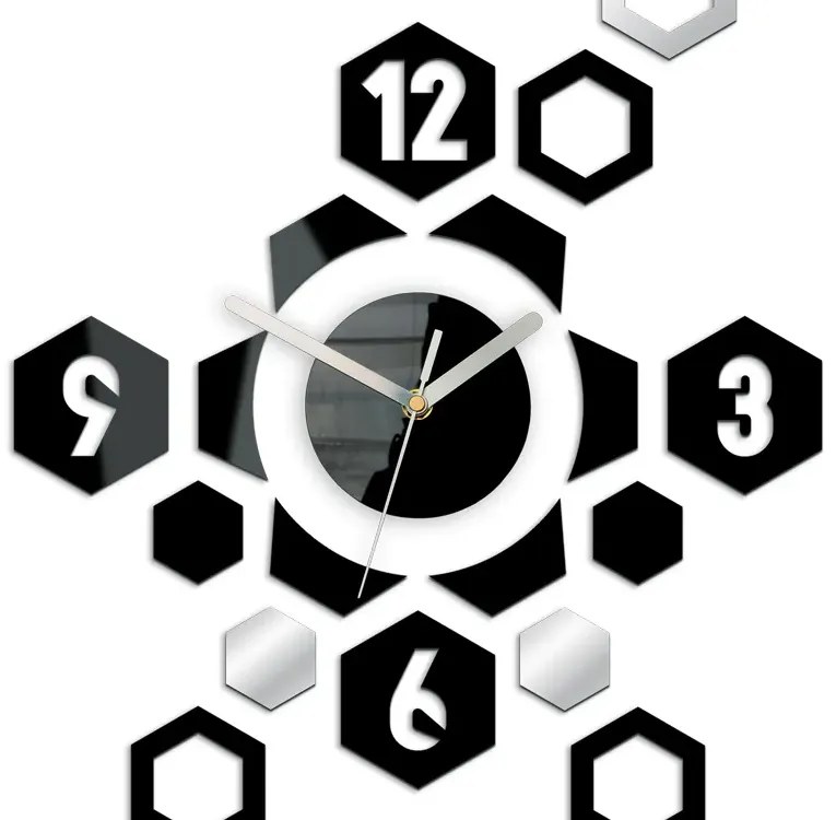 3D nalepovacie hodiny Hexagon čierno-zrkadlové