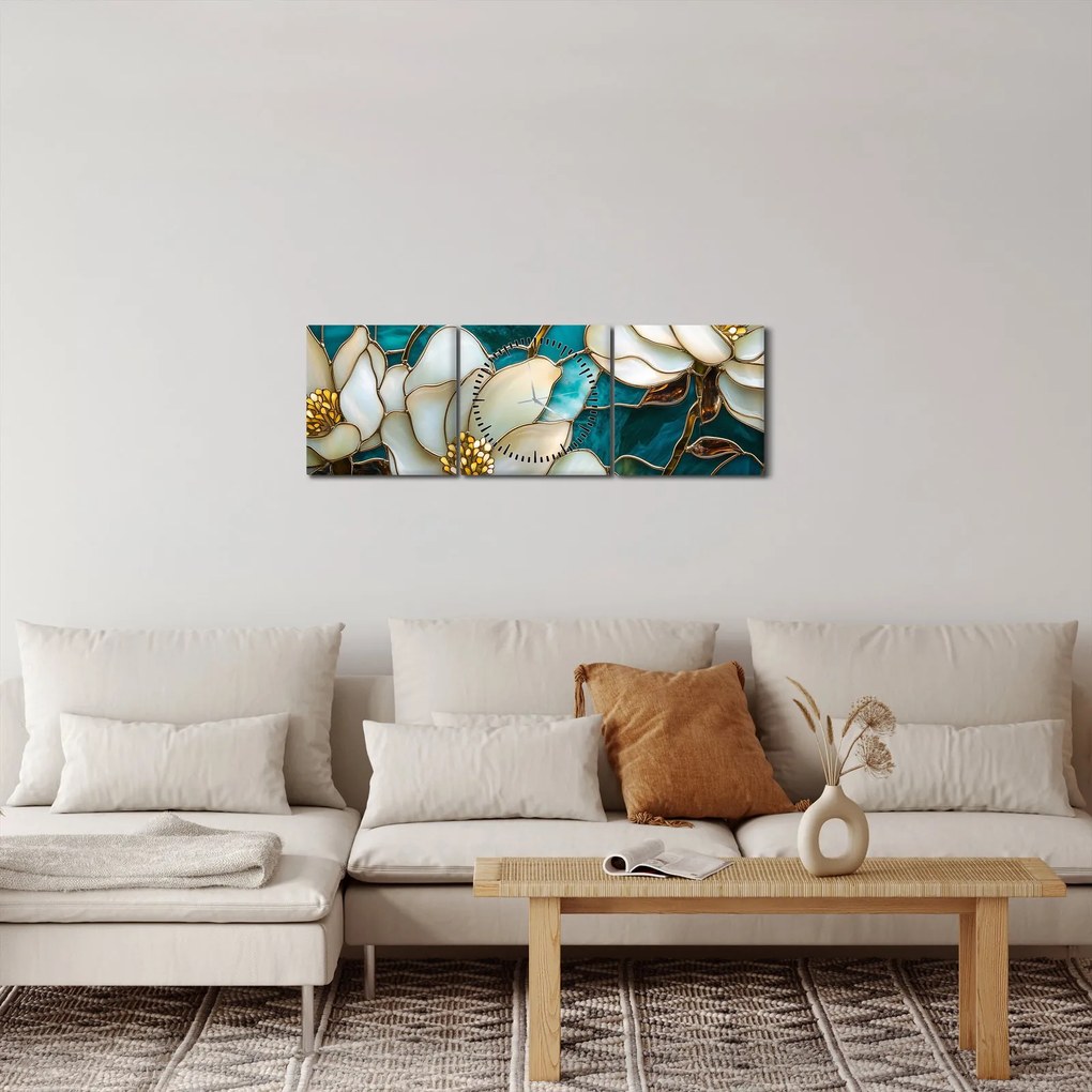 Obraz - Vitráž s magnóliou (s hodinami) (90x30 cm)