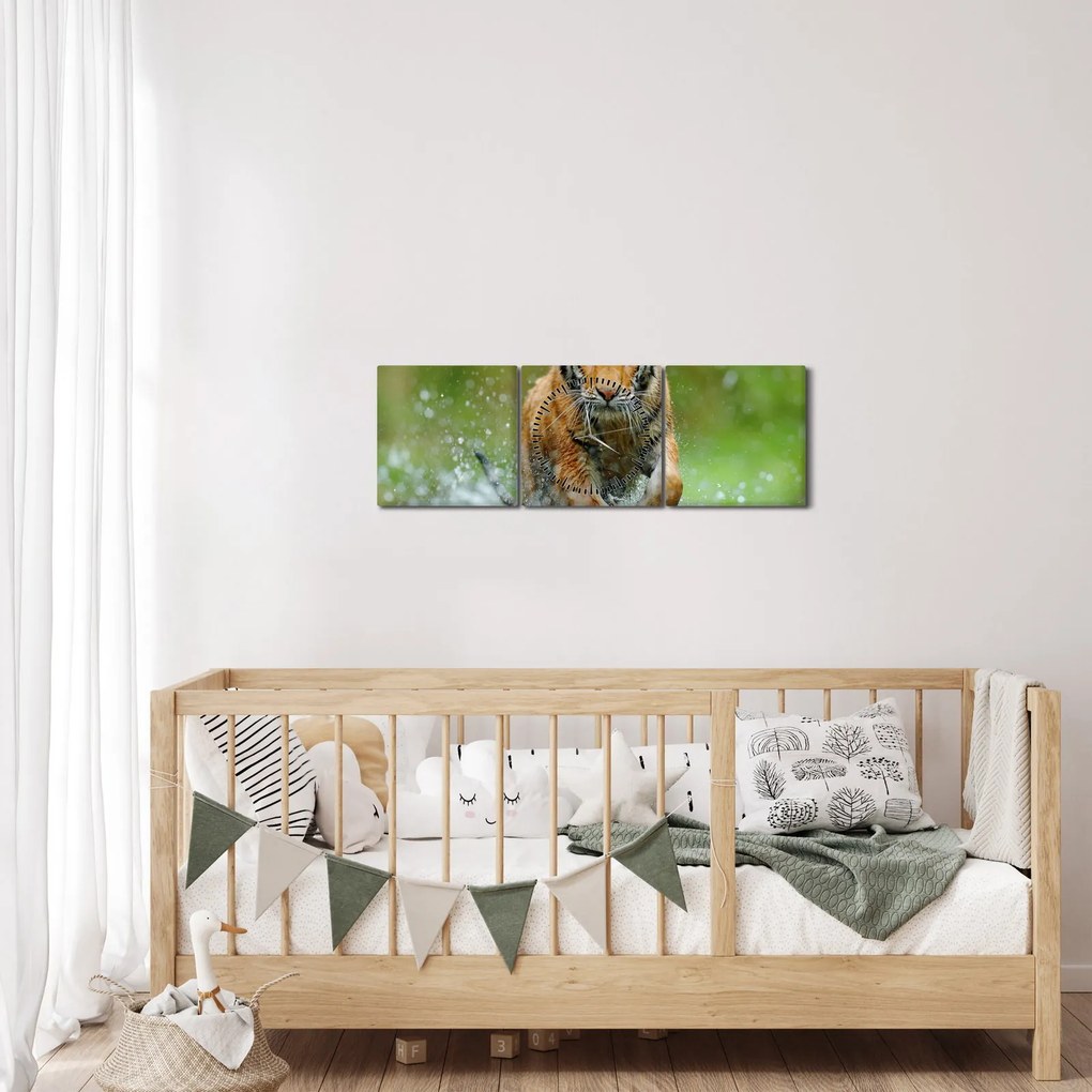 Obraz - Bežiaci tiger (s hodinami) (90x30 cm)