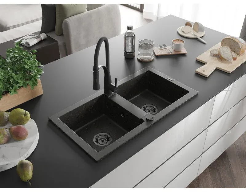 Mexen Mario, granitový drez 820x436x161 mm, 2-komorový a drezová batéria Aster, čierna-zlatá metalíza, 6504-75-73450-70-B