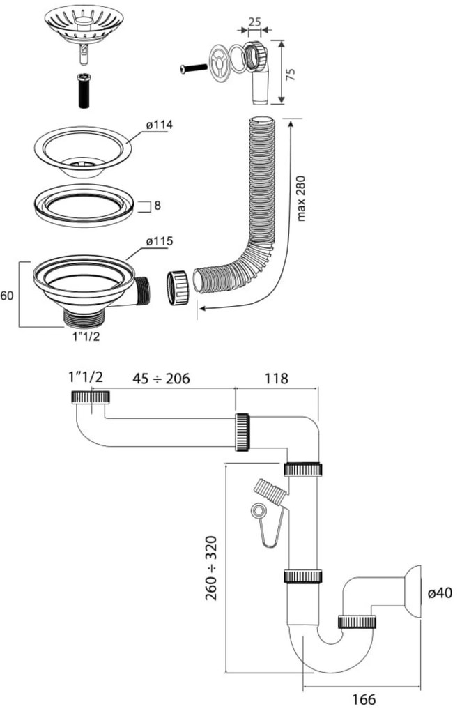 Gamma Gamma, 1-komorový manuálny sifón pre granitové drezy, grafitová, GMA-1M11BK