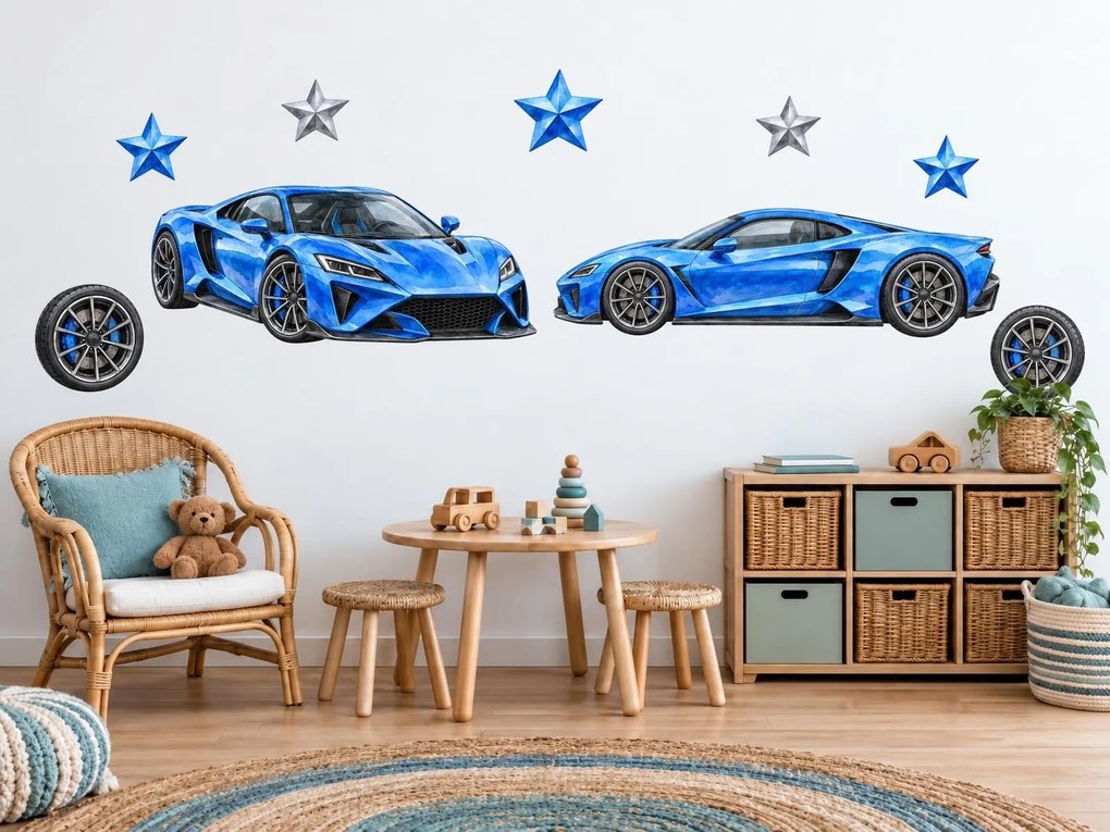 Modré supersporty s hviezdami akvarelové nálepky so supersportmi na stenu hárok 46 x 34 cm
