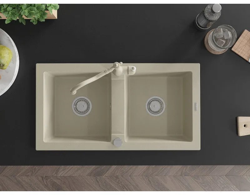 Mexen Mario, granitový drez 820x436x161 mm, 2-komorový a drezová batéria Carla, béžová, 6504-69-670700-69