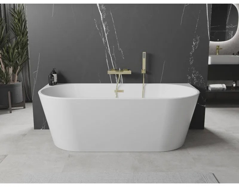 Mexen Oval, voľne stojaca nástenná vaňa 150 x 75 cm, biela, zlatý lesklý prepad, 52671507500-50