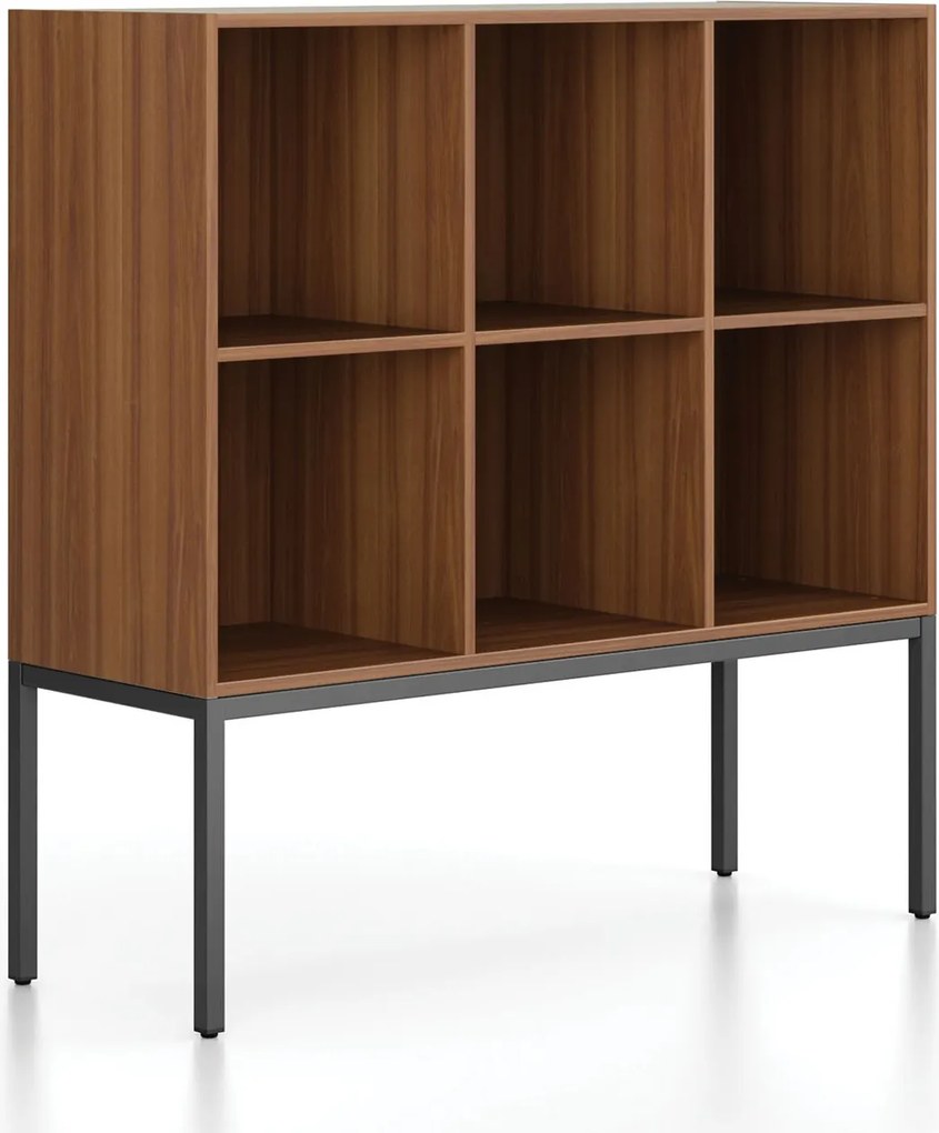 Regál FRAME, nízky, s čiernou podnožou, 1299 x 450 x 1331 mm, orech