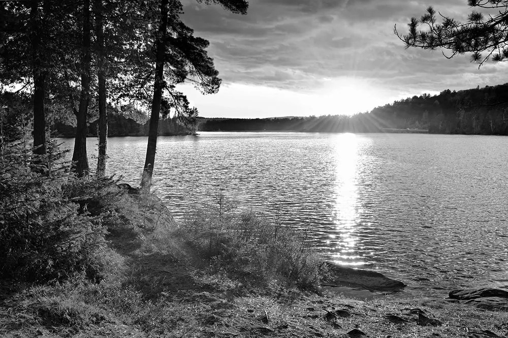 Samolepiaca fototapeta západ slnka nad jazerom v čiernobielom prevedení