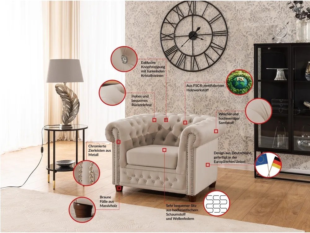 Béžové zamatové kreslo chesterfield York Blik – Ropez