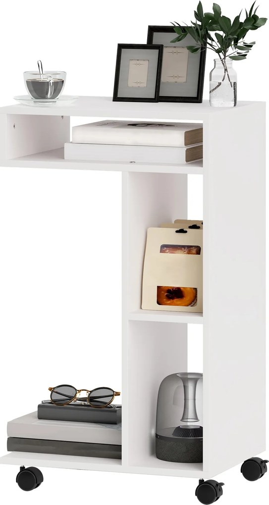 HOMCOM C-Shape Nočný Stôl s 4 Policami, Kolieskami, Kávový Stôl, Stôl do Obývačky pre Notebook 40 x 30 x 69 cm Biela | Aosom