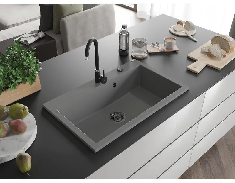 Mexen Elix, 1-korový granitový drez 800 x 500 mm, šedá, čierny sifón, 6527801005-71-B