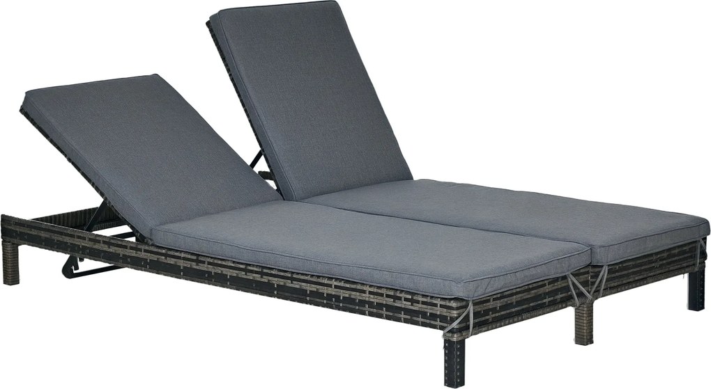 Outsunny Poly Rattan Dvojlôžkový Lehátko Záhradné Lehátko pre 2 Osoby Relaxačné Lehátko Luxusné Lehátko s 5-násobným Skosom Kovový PE Rattan Šedá 196