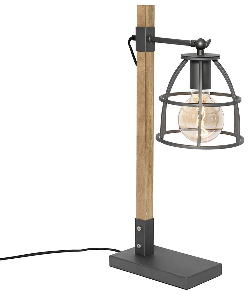Priemyselná stolná lampa tmavosivá s dreveným prvkom - Arthur