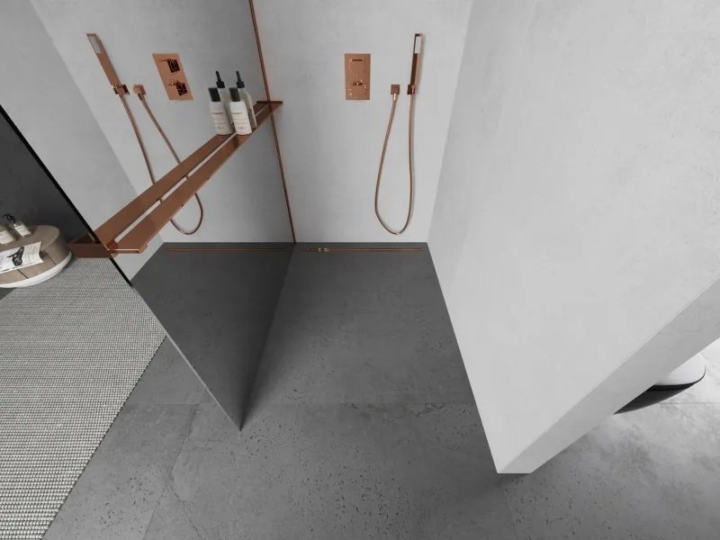 Mexen Kioto+ L, sprchová zástena Walk-In s poličkou a vešiakom 70 x 200 cm, 8mm sklo vzor zrkadlo, ružové zlato profil, 800-070-123-60-50