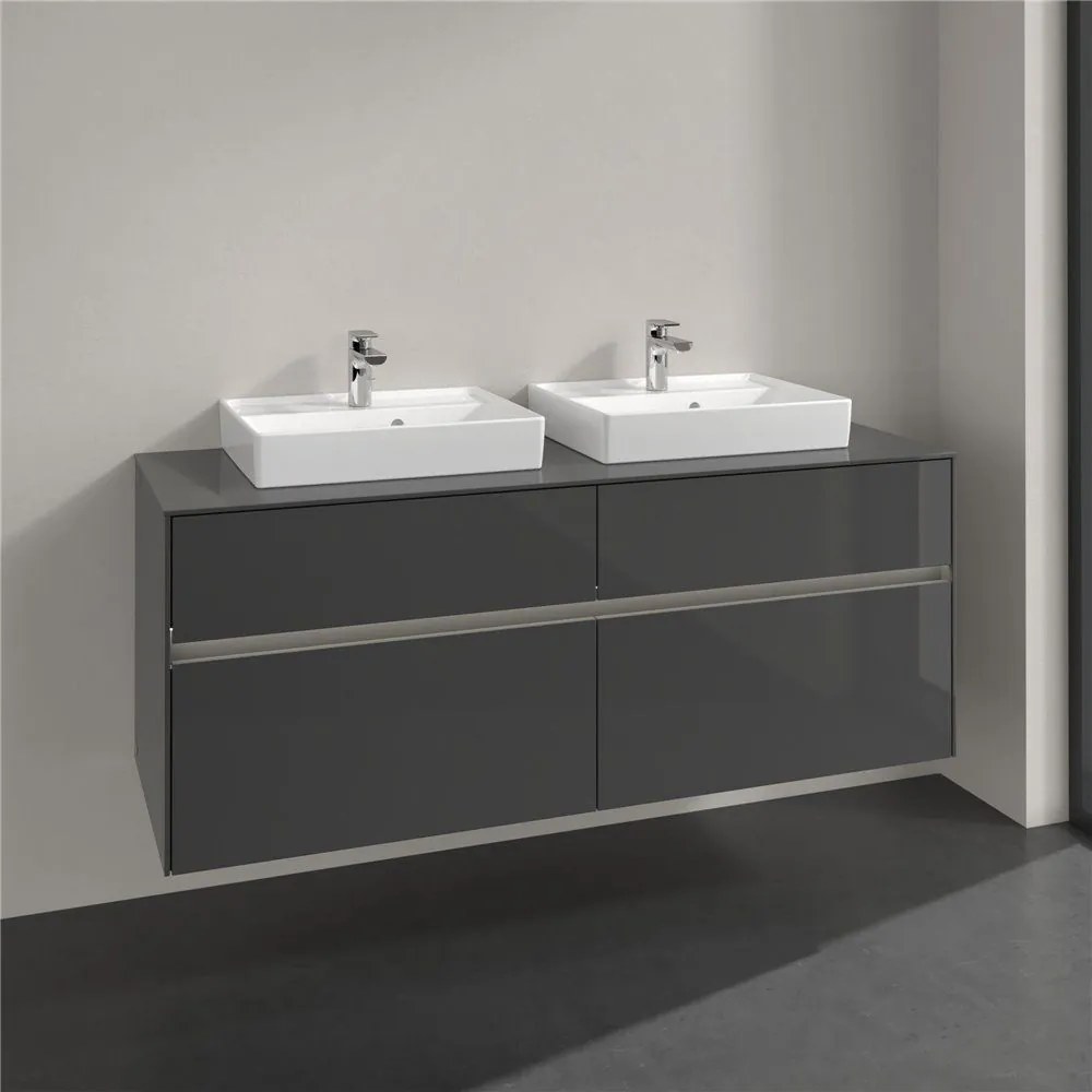 VILLEROY &amp; BOCH Collaro závesná skrinka pod dve umývadlá na dosku, 4 zásuvky, s LED osvetlením, 1400 x 500 x 548 mm, Glossy Grey, C076B0FP