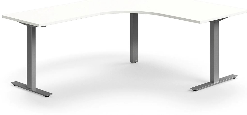 Kancelársky stôl QBUS, rohový, 1600x2000 mm, T-rám, strieborný rám, biela
