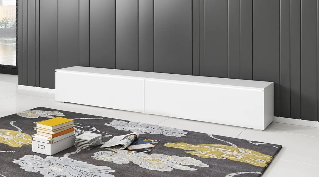 AKCIA - Minimalistický TV stolík Lowboard D 180 cm - biely / biely lesk