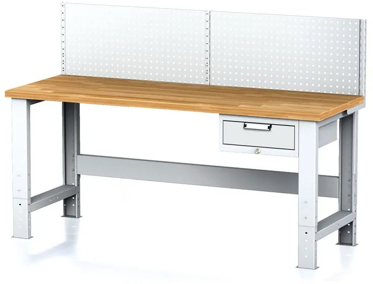 Nastaviteľný dielenský stôl MECHANIC I, závesný box na náradie, nadstavba, 1 zásuvka, 2000x685x700-1055 mm, sivé