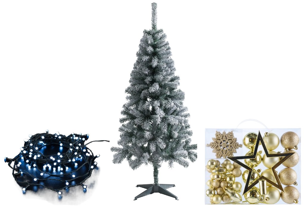 Livarno home Zasnežený umelý vianočný stromček, 150 cm + Svetelná LED reťaz, studená biela + Ozdoby, zlaté  (800011006)