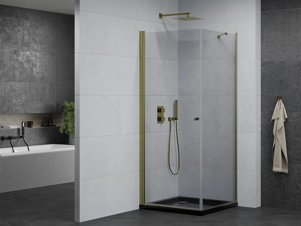 Mexen Pretoria, sprchovací kút 100 (dvere) x 100 (stena) cm, 6mm číre sklo, zlatý profil + čierna sprchová vanička, 852-100-100-50-00-4070G