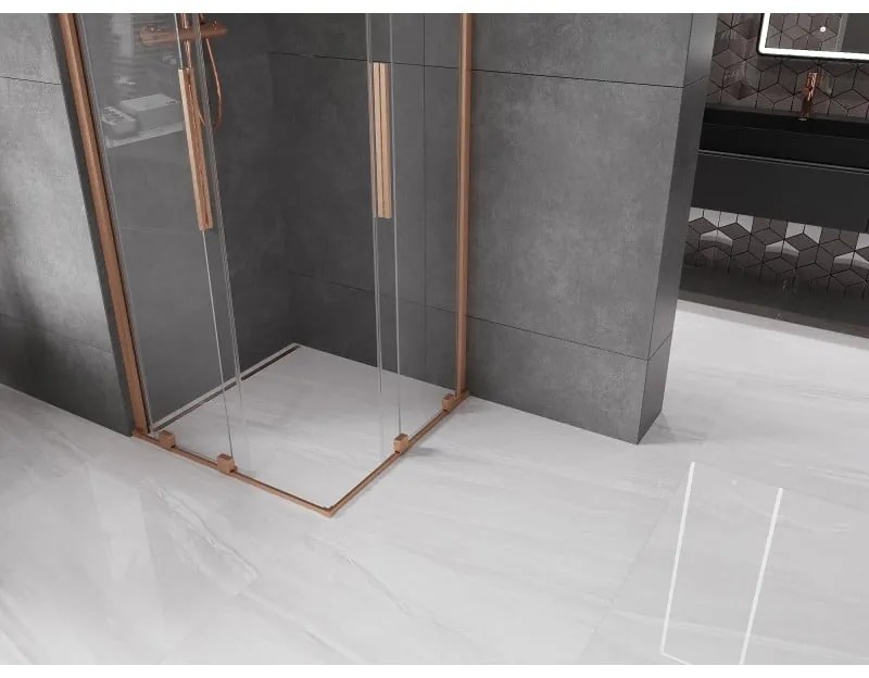 Mexen Velar Duo, sprchový kút s posuvnými dverami 80(dvere) x 80(dvere) cm, 8mm číre sklo, medená matná profil, 871-080-080-02-65