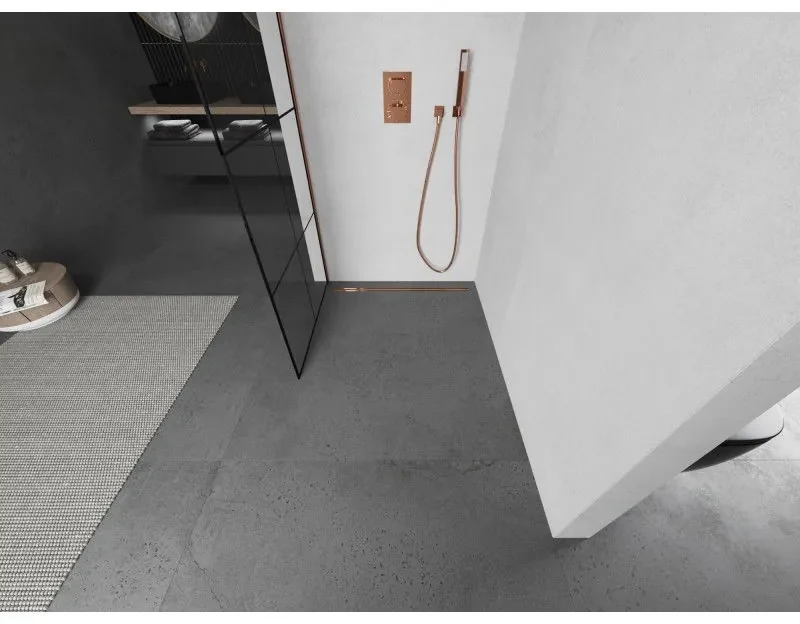 Mexen Kioto L, sprchová zástena Walk-In 90 x 200 cm, 8mm číre sklo čierny vzor, ružové zlato profil, 800-090-103-60-77