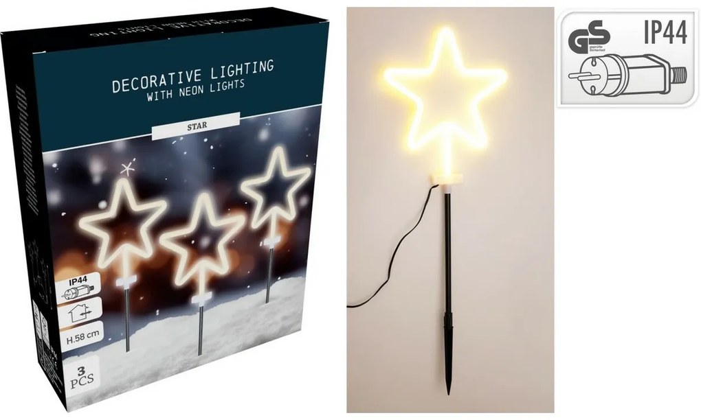 Vianočné LED vonkajšie osvetlenie Neónová hviezda, súprava 3 ks, v. 58 cm